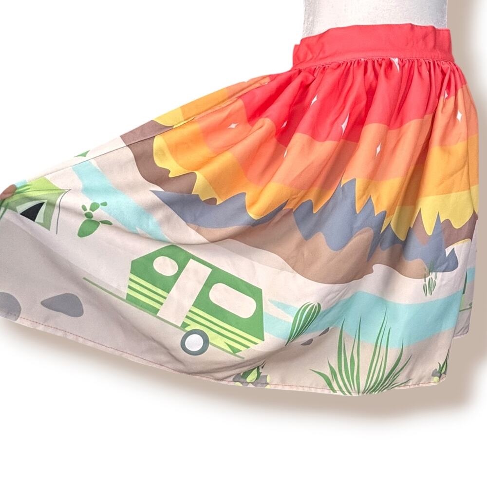 Retro Camping Flowing Midi Skirt Camper Desert Sunset Scenic Novelty A Line - Picture 1 of 10